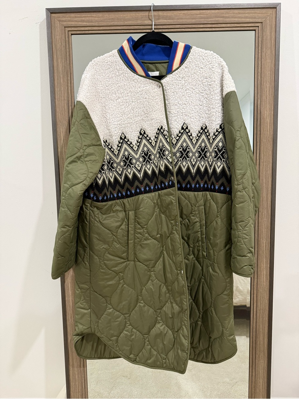 By Anthropologie Fairisle Mixed Coat Quilted Sherpa Size L